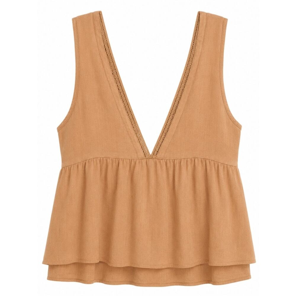 Sleeveless V-Neck Peplum Top in Mustard Yellow Boho Cropped Eyelet SZ SMALL - Picture 4 of 6